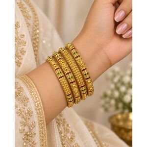 Indian Style Gold Tone Bangle Bracelet Set Red Green Enamel Boho Bridal Jewelry